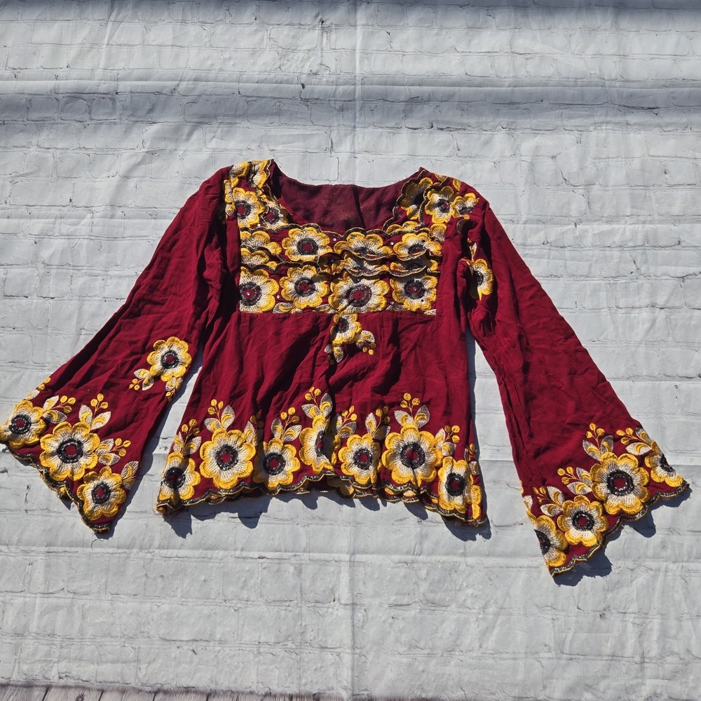 boho Fairy sunflower embroidered babydoll Gauzy peasant bell sleeve blouse sm